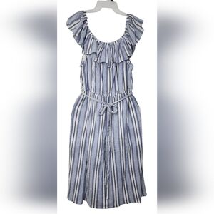 Michael Kors Women’s Striped Ruffle Midi Dress XL Blue White Cotton Blend